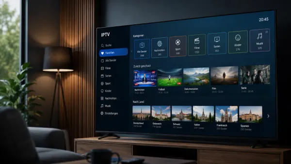 Übersicht einer strukturierten IPTV Senderliste auf einem Fernseher