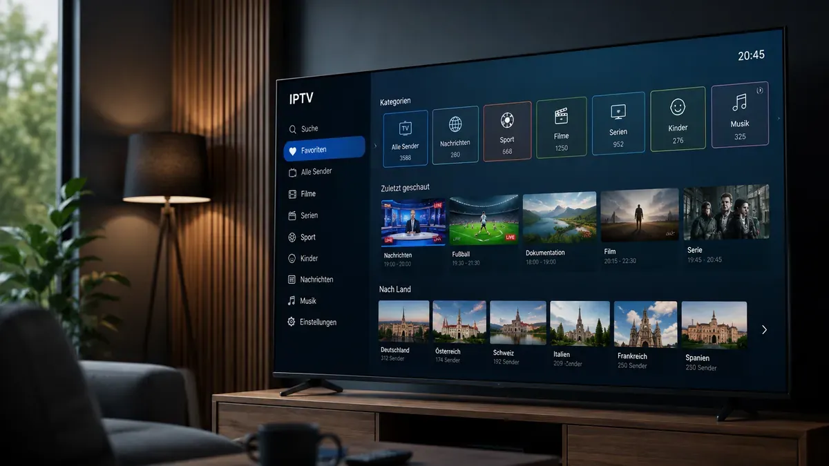Übersicht einer strukturierten IPTV Senderliste auf einem Fernseher
