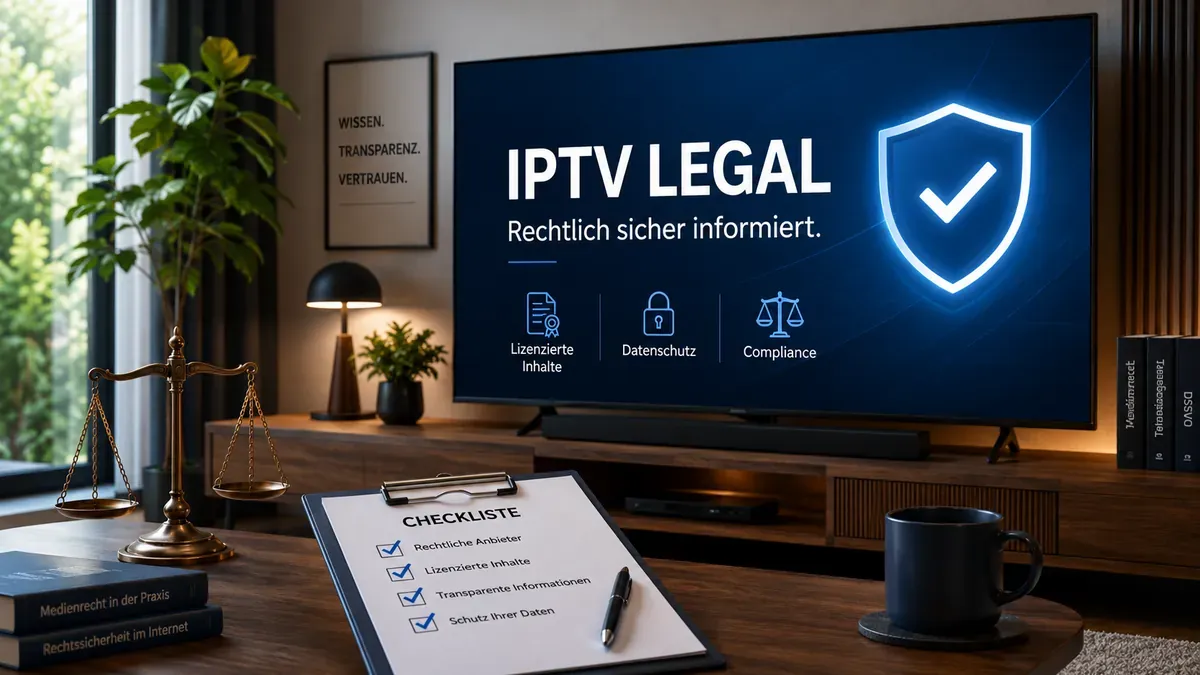IPTV Legalität in Deutschland mit Fernseher und Rechtssymbol
