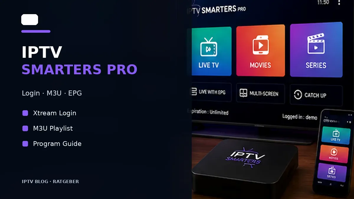 IPTV Smarters Pro auf einem Fernseher mit Login und Senderübersicht