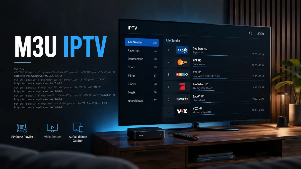 M3U IPTV Playlist mit Senderzeilen und Streaminggerät