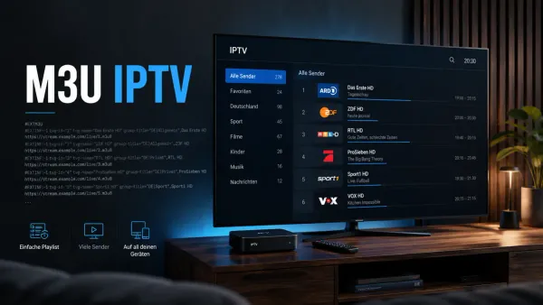 M3U IPTV Playlist mit Senderzeilen und Streaminggerät